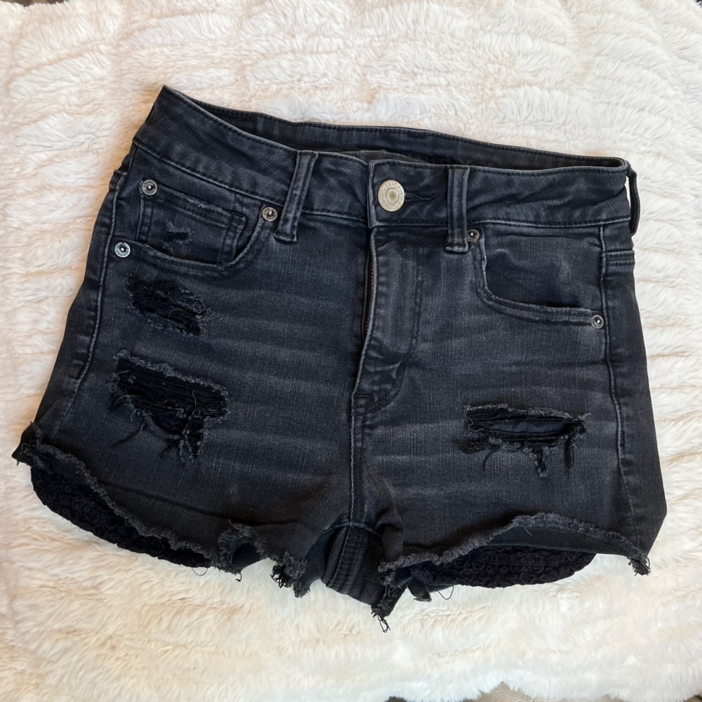 American Eagle black denim shorts with pockets showing